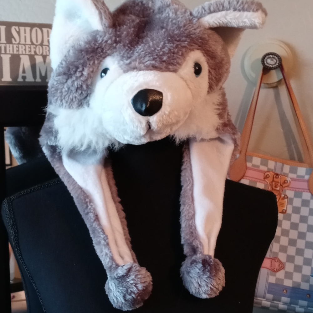 Adorable Gray and White Dog Hat with Scarf